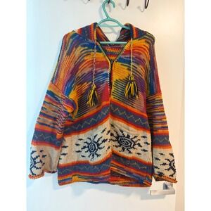 Vintage Quillas 100% Wool Hand Knit Sun Hooded Sweater Zip Cardigan Ecuador XL